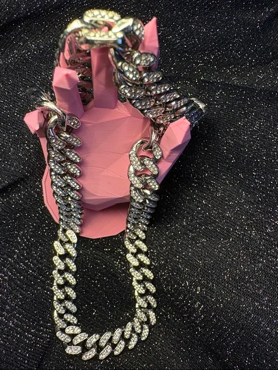 Unisex Pave Cuban Chain Necklace - Silver Plated, Nickel Free, Sparkling Stones - Picture 3 of 4